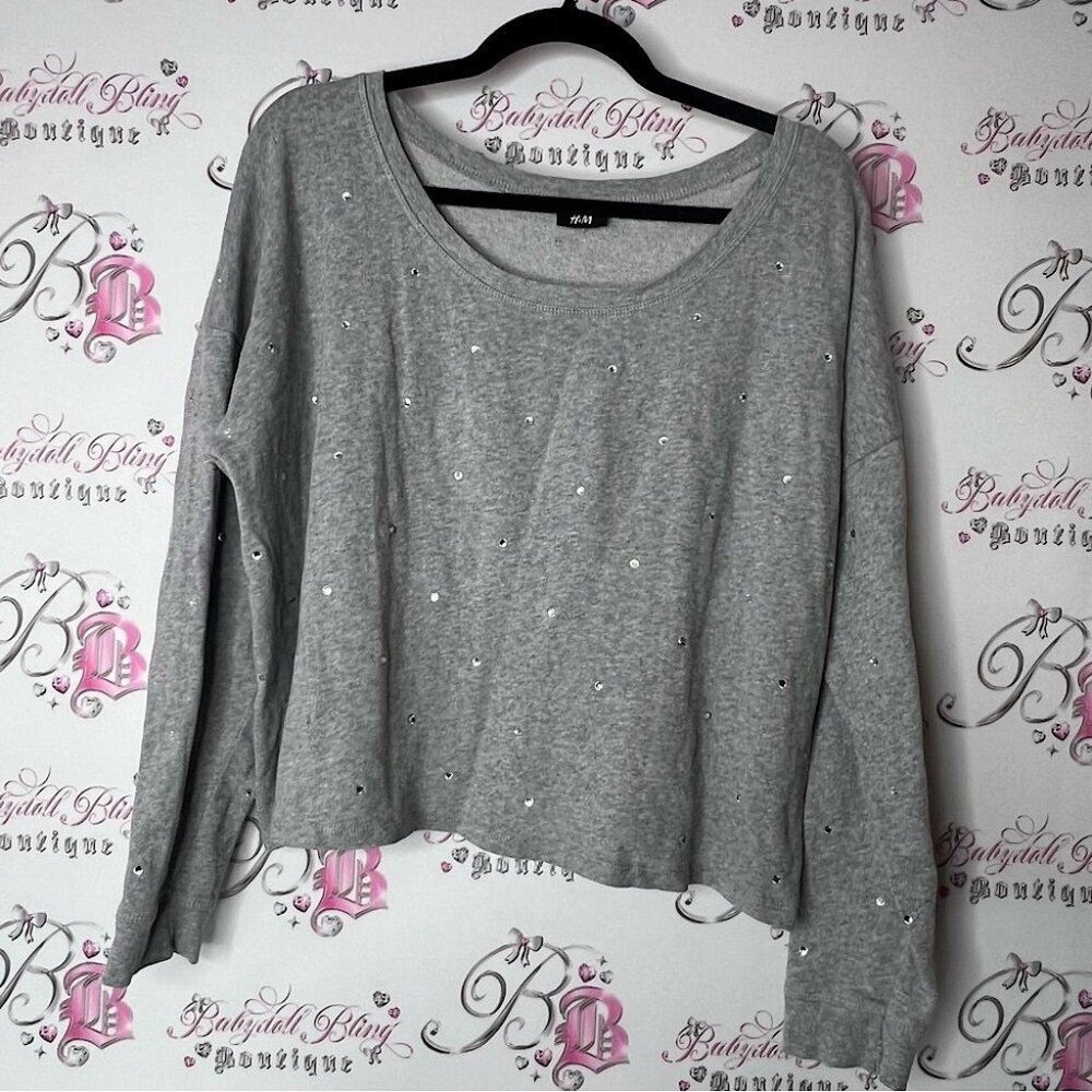 H&M Gray sweater bling rhinestone crystal diamond shirt Top